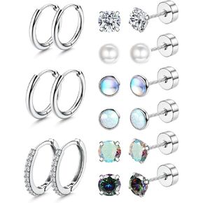 أقراط YADOCA من الفولاذ الجراحي مضادة للحساسية - أقراط مسمارية مسطحة الظهر للنساء والرجال - 20 جرام مكعب صغير من الزركونيا أوبال هوب - مجموعات أقراط غضروفية خلفية لولبية لثقب متعدد in Kuwait