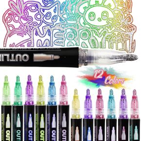 GCVOPTON 24 Colors Double Line Outline Pens, Outline Markers Self-outline Metallic Markers, Shimmer Marker Set,Glitter Markers Pen Set for Kid Adults Drawing Scrapbooking