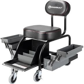 Powerbuilt Professional Mechanics Roller Seat, Heavy Duty Padded Detailer Seat and Backrest, Sliding Storage Drawers, Tool Tray, Can Holders, 4-Inch Swivel Wheels - 941929ECE