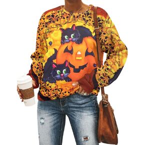 Black Cat on Pumpkin Sweatshirt Halloween Sweatshirts for Women Fall Pumpkin Face Tee Lightweight Pullover Tops