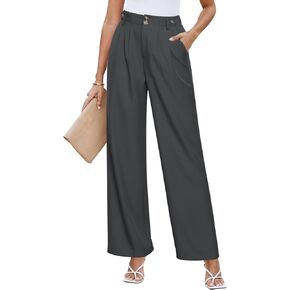 GRAPENT بنطال ذو قصة أرجل واسعة امرأة عصرية عالية الخصر سروال فستان الأعمال السببية مطوي مرونة الخصر العمل بنطلون السراويل in Kuwait