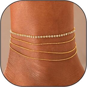 Layered Glitter Crystal Anklet Set for Women Teen Girls,Trendy 14K Gold Beaded Cubic Zirconia Anklets Bracelets Party Foot Chain Jewelry Gifts