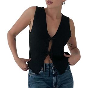 Women Tie Front Vest Top Crochet Vest Y2k Sleeveless V Neck Knit Open Front Top Going Out Top Streetwear