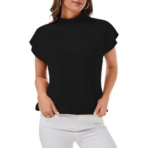 Pink Queen Women's 2024 Fall Mock Neck Sweater Vest Cap Sleeve Pullover Knit Tops