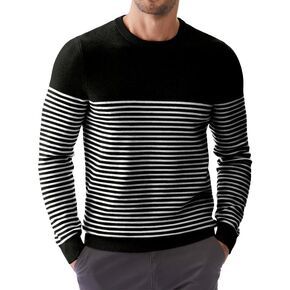 Mens Sweater Fall Casual Slim Fit Crew Neck Striped Lightweight Knitted Pollover Sweaters Tops
