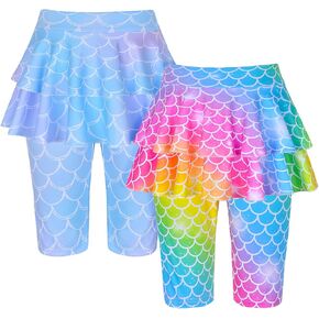 Girls Knee Length Skirt Shorts Capri Leggings Mermaid Unicorn Kids Summer Pants Footless Tights with Ruffle Skirt 2 Packs