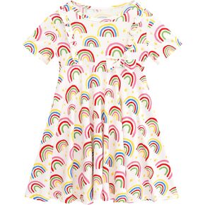 Toddler Girls Dress-Viscose Made from Bamboo, Short Sleeve Ruffle Playwear with Bow Summer Dresses for Little Girl
