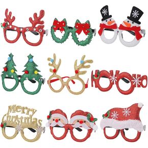 9 Pack Christmas Party Glasses Christmas Glitter Decoration Costume Eyeglasses Frame Unisex Eyeglasses for Holiday Party Decorations Christmas Ornaments Gift, Assorted Styles