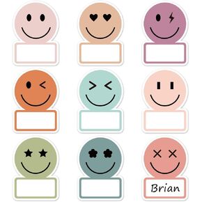 Whaline 135Pcs Boho Smile Face Name Tag Stickers 9 Designs Nameplate Stickers Cute Classroom Bulletin Board Decoration Label Stickers for Office School Desk Wall Decor
