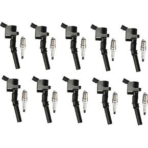 ENA Set of 10 Yellow Ignition Coils Pack and Iridium Spark Plugs 4.6 Compatible with Ford Lincoln Mercury Crown Victoria E150 E250 Expedition Explorer F150 Mountaineer 4.6L Replacement for SP493 DG508
