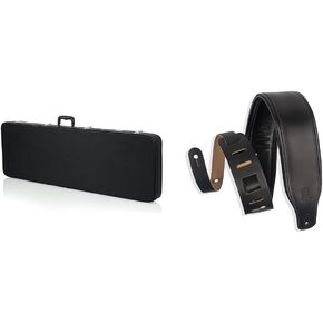 Gator Cases Hard-Shell Wood Case for Electric Bass Guitars; Fits Fender Precision/Jazz Bass, & More (GWE-BASS),Black & Levy's Leathers 3" Wide Amped Leather Series Guitar Strap
