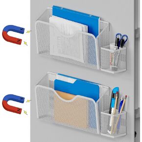 JANE EYRE Magnetic File Holder - 2pcs Hanging File Organizer Magazine Document Paper Holders with 2pcs Pen Holders for Classroom Cabinets Office,No Drilling(BLACK)