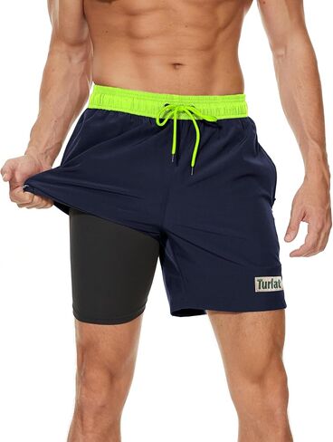Black Mens Swim Trunks with Compression Liner 5" Quick Dry Swimming Beach Shorts for Men Bathing Suits Zipper Pockets in Saudi Arabia