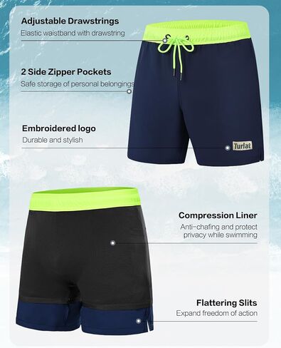 Black Mens Swim Trunks with Compression Liner 5" Quick Dry Swimming Beach Shorts for Men Bathing Suits Zipper Pockets in Saudi Arabia