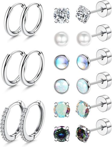 أقراط YADOCA من الفولاذ الجراحي مضادة للحساسية - أقراط مسمارية مسطحة الظهر للنساء والرجال - 20 جرام مكعب صغير من الزركونيا أوبال هوب - مجموعات أقراط غضروفية خلفية لولبية لثقب متعدد in Kuwait