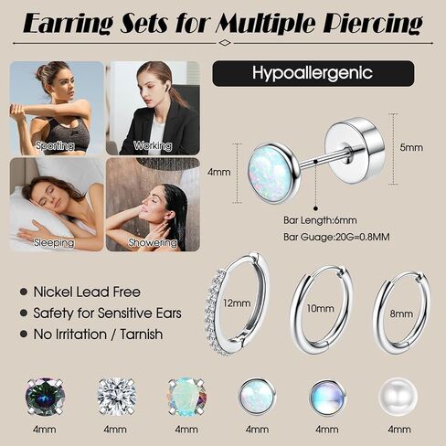 أقراط YADOCA من الفولاذ الجراحي مضادة للحساسية - أقراط مسمارية مسطحة الظهر للنساء والرجال - 20 جرام مكعب صغير من الزركونيا أوبال هوب - مجموعات أقراط غضروفية خلفية لولبية لثقب متعدد in Kuwait