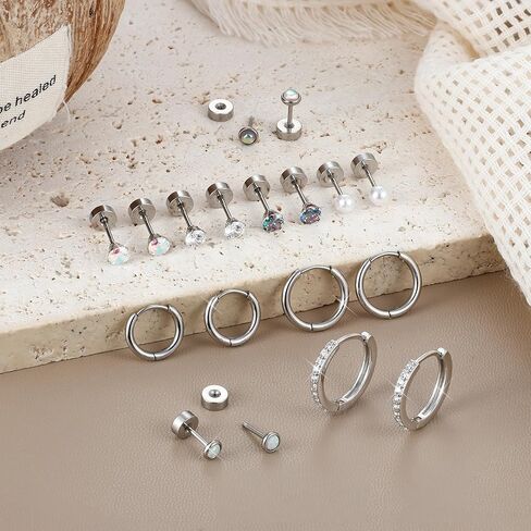 أقراط YADOCA من الفولاذ الجراحي مضادة للحساسية - أقراط مسمارية مسطحة الظهر للنساء والرجال - 20 جرام مكعب صغير من الزركونيا أوبال هوب - مجموعات أقراط غضروفية خلفية لولبية لثقب متعدد in Kuwait