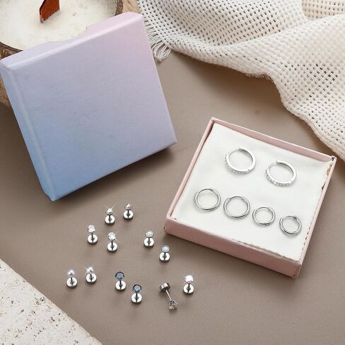 أقراط YADOCA من الفولاذ الجراحي مضادة للحساسية - أقراط مسمارية مسطحة الظهر للنساء والرجال - 20 جرام مكعب صغير من الزركونيا أوبال هوب - مجموعات أقراط غضروفية خلفية لولبية لثقب متعدد in Kuwait