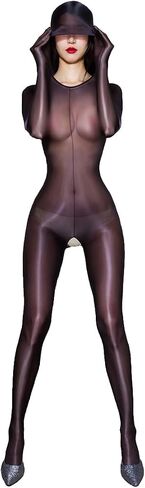 Shiny Glossy Oil Sheer Bodystocking Encasement Pantyhose XL Large Size with Hood Sealed Hand Crotchless for Cosplay, Black in Saudi Arabia