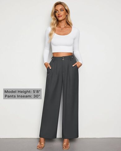 GRAPENT بنطال ذو قصة أرجل واسعة امرأة عصرية عالية الخصر سروال فستان الأعمال السببية مطوي مرونة الخصر العمل بنطلون السراويل in Kuwait