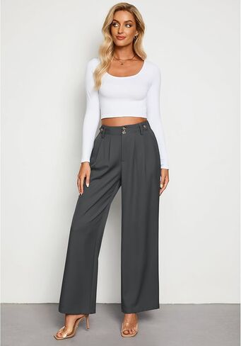 GRAPENT بنطال ذو قصة أرجل واسعة امرأة عصرية عالية الخصر سروال فستان الأعمال السببية مطوي مرونة الخصر العمل بنطلون السراويل in Kuwait