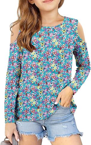 storeofbaby Girls Casual Cold Shoulder Shirts Long Sleeve Crewneck Tops Loose Fit Blouses 5-14 Years in Kuwait