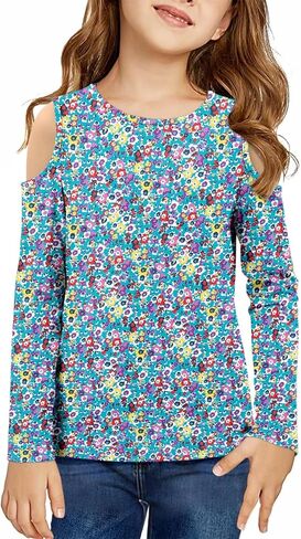 storeofbaby Girls Casual Cold Shoulder Shirts Long Sleeve Crewneck Tops Loose Fit Blouses 5-14 Years in Kuwait