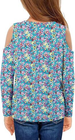 storeofbaby Girls Casual Cold Shoulder Shirts Long Sleeve Crewneck Tops Loose Fit Blouses 5-14 Years in Kuwait