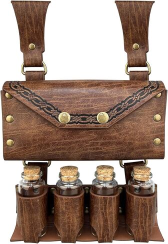 HiiFeuer Medieval Alchemy Faux Leather Belt Bag with 4 Cork Potion Vials, Fantasy Wizard Waist Pouch Side Pack for Ren Faire (Light Brown A) in Kuwait