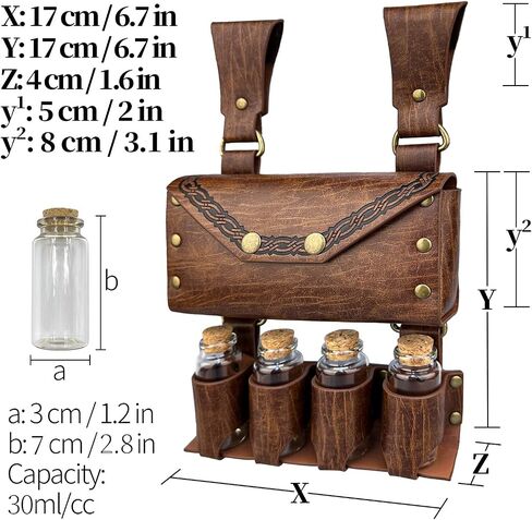 HiiFeuer Medieval Alchemy Faux Leather Belt Bag with 4 Cork Potion Vials, Fantasy Wizard Waist Pouch Side Pack for Ren Faire (Light Brown A) in Kuwait