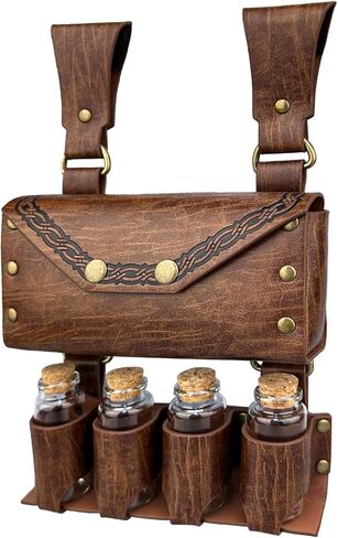 HiiFeuer Medieval Alchemy Faux Leather Belt Bag with 4 Cork Potion Vials, Fantasy Wizard Waist Pouch Side Pack for Ren Faire (Light Brown A) in Kuwait
