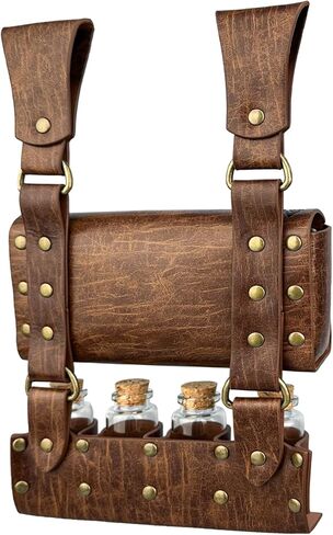 HiiFeuer Medieval Alchemy Faux Leather Belt Bag with 4 Cork Potion Vials, Fantasy Wizard Waist Pouch Side Pack for Ren Faire (Light Brown A) in Kuwait