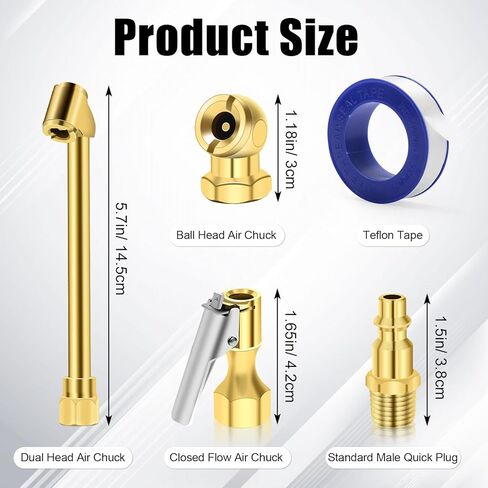 مجموعة 6 قطع من ظرف الهواء، ظرف هواء مزدوج الرأس / ظرف إطار كروي مغلق مقاس 1/4 بوصة أنثى NPT / قابس سريع قياسي للذكور / ظرف هواء مغلق التدفق / شريط تفلون، مجموعة تعبئة هواء الإطارات شديدة التحمل in Kuwait