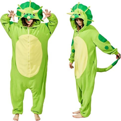 Green Triceratops Adult Onesie Pajamas, Halloween Costume Cozy Dinosaur One-piece Cosplay Jumpsuit in Kuwait