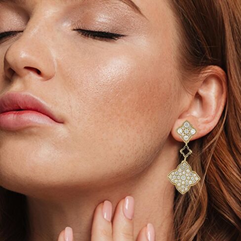 Genuine 925 Silver and Yellow Gold White Zircon Dangle Clover Earrings - Hypoallergenic Diamond Women Jewelry Earrings Set - Jewelry Gifts for Wife - Simple Waterproof Ladies Earring Pack in Saudi Arabia
