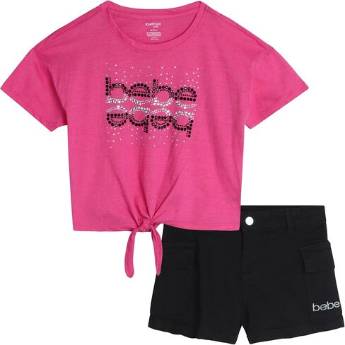 bebe Girls' Shorts Set - 2 Piece Rhinestone T-Shirt and Denim Cargo Shorts - Cute Trendy Summer Outfit for Girls (4-12) in Saudi Arabia