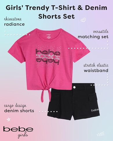 bebe Girls' Shorts Set - 2 Piece Rhinestone T-Shirt and Denim Cargo Shorts - Cute Trendy Summer Outfit for Girls (4-12) in Saudi Arabia