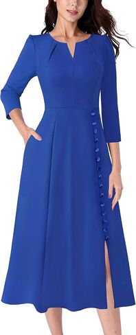 VFSHOW Womens Pleated Notch Neck Front Slit Buttons Pockets Office Business Work Slim Fit A-line Fit and Flare Midi Dress in Saudi Arabia