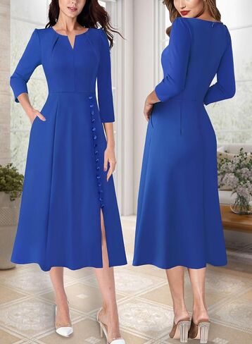 VFSHOW Womens Pleated Notch Neck Front Slit Buttons Pockets Office Business Work Slim Fit A-line Fit and Flare Midi Dress in Saudi Arabia