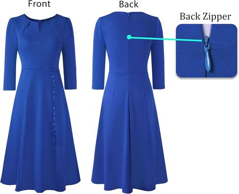 VFSHOW Womens Pleated Notch Neck Front Slit Buttons Pockets Office Business Work Slim Fit A-line Fit and Flare Midi Dress in Saudi Arabia