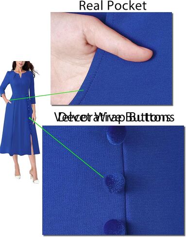 VFSHOW Womens Pleated Notch Neck Front Slit Buttons Pockets Office Business Work Slim Fit A-line Fit and Flare Midi Dress in Saudi Arabia