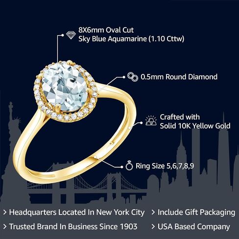 Gem Stone King 10K Yellow Gold 8X6MM Oval Gemstone Birthstone and White Diamond Halo Engagement Ring | Wedding Anniversary Promise Gold Ring For Women | Available In Size 5-10 in Saudi Arabia