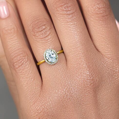 Gem Stone King 10K Yellow Gold 8X6MM Oval Gemstone Birthstone and White Diamond Halo Engagement Ring | Wedding Anniversary Promise Gold Ring For Women | Available In Size 5-10 in Saudi Arabia