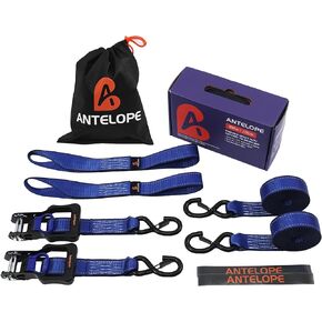 A ANTELOPE Ratchet Tie Strap Set of 4-2100 LBS Breaking Strength, 1" x 15' Ratchet Straps with 4 Soft Rings, Coated S-Hooks, and Soft Padded Handle for Secure Motorcycles, Trucks, Trailers (Blue)