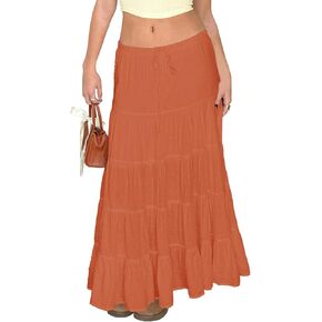 Tsher Women's Casual High Elastic Waist Ruffle Boho Pleated A-line Long Maxi Skirts 0333