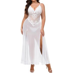 حجم كبير الملابس الداخلية للنساء بيبي دول مثير شبكة ماكسي فستان النوم Strappy ملابس خاصة غريبة الشقوق الجانبية الأبيض 3XL in Kuwait