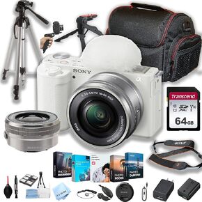 Sony ZV-E10 (White) Mirrorless Camera with 16-50mm Lens + 64GB Memory + Case+ Steady Grip Pod + Tripod+ Software Pack + More (30pc Bundle)