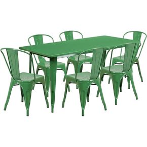 Flash Furniture درجة تجارية 31.5 × 63 بوصة طقم طاولة مستطيلة من المعدن الفضي للاستخدام الداخلي والخارجي مع 6 كراسي مكدسة