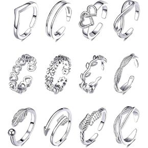 12PCS Toe Rings for Women 14K Gold Plated Toe Rings Adjustable Toe Ring Set Open Toe Rings Silver Toe Rings Heart Arrow Toe Ring Infinity Ring Beach Foot Jewelry for Summer
