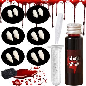 6 Pairs Halloween Vampire Fangs, 3 Sizes Fake Fangs for Cosplay, Fake Blood, Adhesives Beads, tweezerand, Black Stipple Sponge for Zombie Vampire Monster